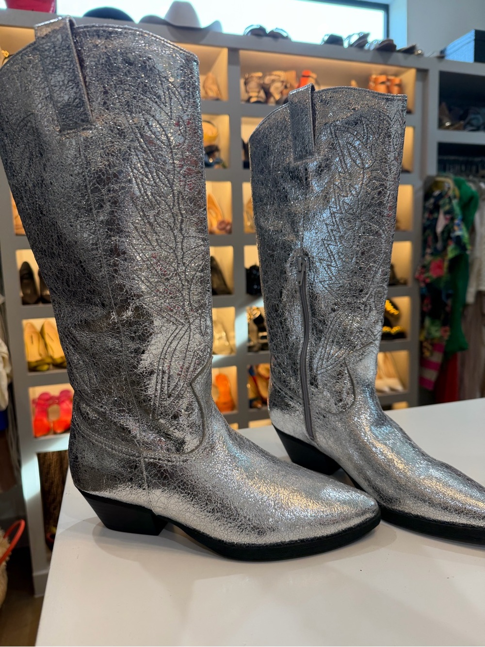 Silver Metallic Western Knee-High Boots - Women's Fashion Boots